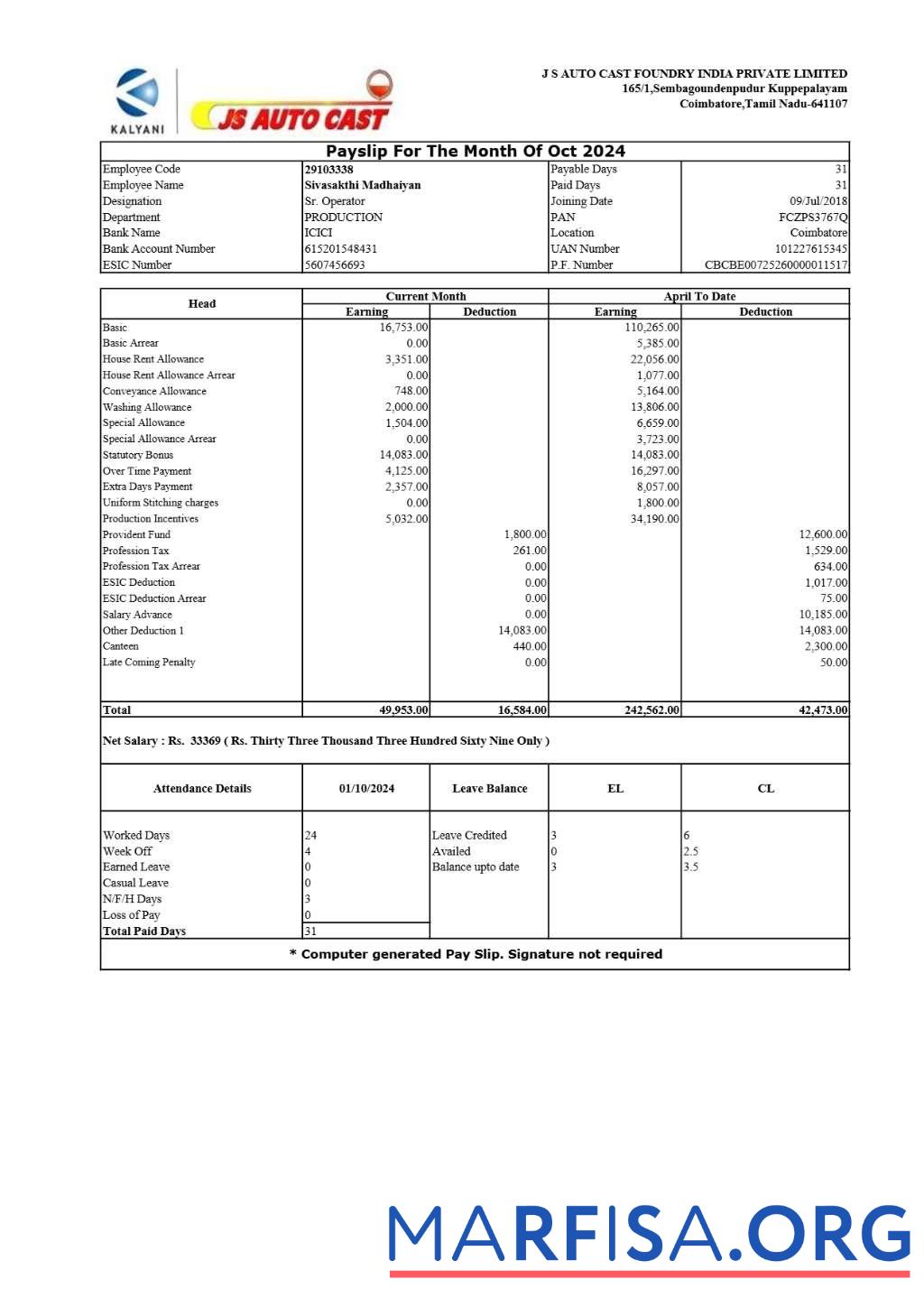 Printable JS Auto Cast Foundry India payslip real example
